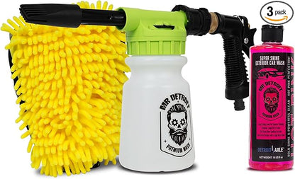 Mr. Detroit - 3pc Car Wash Kit with Foam Blaster, 16oz Car Soap, Chenille Wash Glove, Scratch-Free Cleaning Foam Gun Streak-Free Exterior Cleaner for Auto Cleaning & Home Use