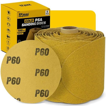 100PCS 5 Inch PSA Sanding Discs 60 Grit | Self-Adhesive Sandpaper Roll for DA Sanders, Orbital Sander | Gold Aluminum Oxide Sticky Back Abrasive Discs for Automotive, Woodworking, and Metal Polishing