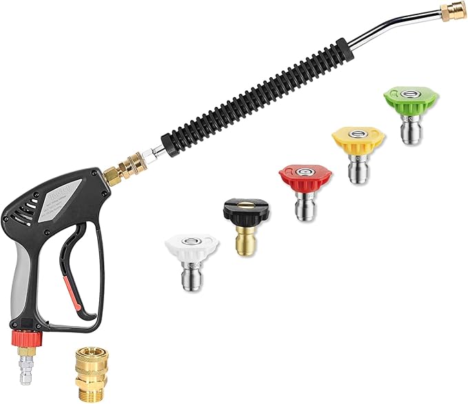 TOOLCY Pressure Washer Gun and 18" Curved Extension Wand, Commercial 5000 PSI / 10.5 GPM with Nozzle Tips, 3/8" Swivel USA-NPT Thread x Quick Socket, Sturdy Design for Gas Power Washer