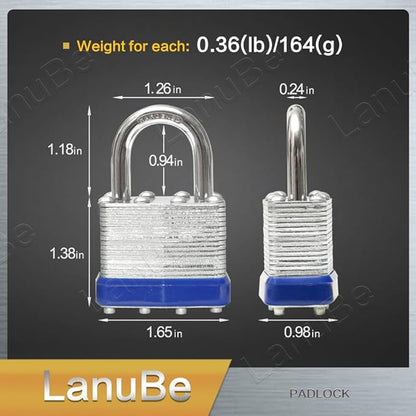 LanuBe Lock Laminated keyed Padlock (1-9/16", 40mm), keyed Alike Locks, Normal Shackle, Marked Blue Plastic Hoop, Pack of 48…