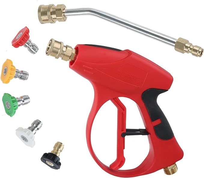 Sooprinse Short Pressure Washer Gun 3000 PSI, 7 Inch Replacement Extension Curved Wand, 5 Nozzle Tips, M22-14 Inlet