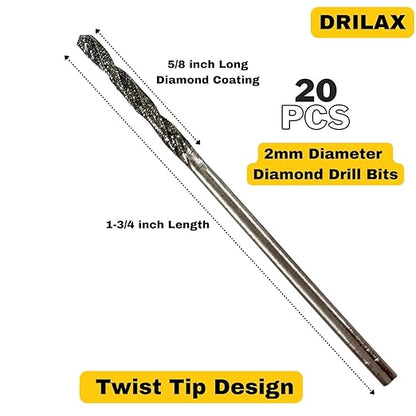 Drilax 20-Pc 2mm Diamond Drill Bit Set | Dremel Compatible with 1 Collet | for Glass, Sea Glass, Gems & Jewelry