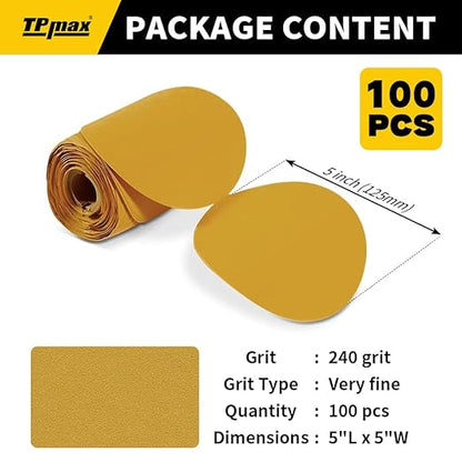 100PCS 5 Inch PSA Sanding Discs 240 Grit | Self-Adhesive Sandpaper Roll for DA Sanders, Orbital Sander | Gold Aluminum Oxide Sticky Back Abrasive Discs for Automotive, Woodworking, and Metal Polishing