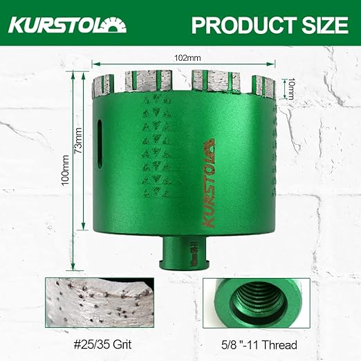 KURSTOL Diamond Core Drill Bits - 2pcs 4 Inch with 58-11 Thread Granite Hole Saw Dry or Wet Drilling Hard Stone Marble Concrete Quartz Countertop Laser Welded Masonry Coring(102mm)