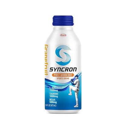 Syncron Post Workout Sports Drink Endorsed by Shohei Ohtani, Sugar Free Electrolyte Hydration, Aluminum Bottled Drink, Taurine, L Arginine & BCAAs for Athletes, Grapefruit Flavor, 6 Pack, 16 oz