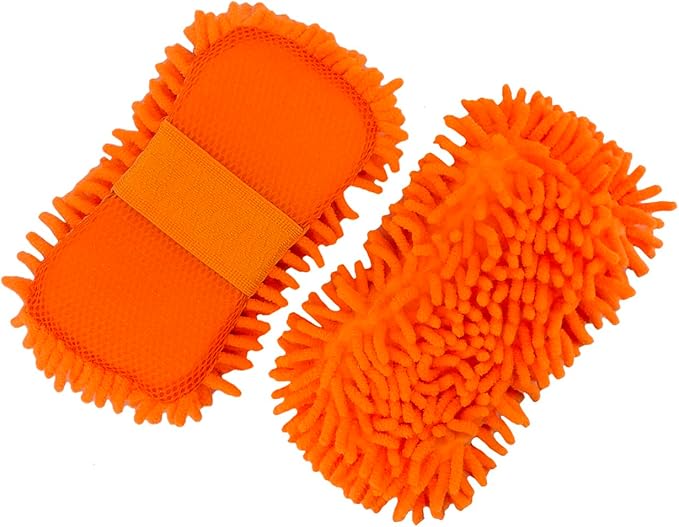 WAKALALA Microfiber Car Wash Mitt, Dual-Sided Cleaning Glove, High-Density Chenille, Non-Scratch Cleaning Sponge (1, Orange)