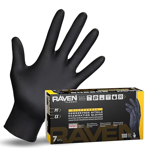 Raven Powder Free Nitrile Disposable Gloves 7 Mil - XL Latex Free, Chemical + Puncture Resistant, Textured Grip, Single Use for Automotive, Industrial, Janitorial, MRO, Food Service 66519