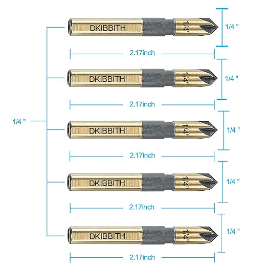 Countersink Drill Bit Set, 5 Pieces High Speed Steel 82 Degree 5 Flute 6mm Round Shank Mill Cutter Bit Countersink in Sizes 1/4" Set with Carrying Case.