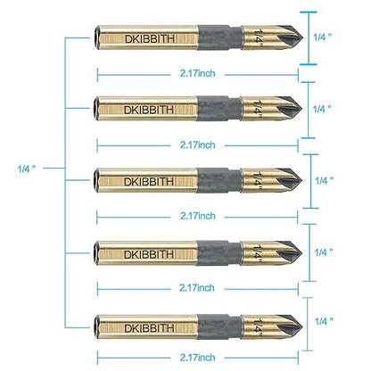Countersink Drill Bit Set, 5 Pieces High Speed Steel 82 Degree 5 Flute 6mm Round Shank Mill Cutter Bit Countersink in Sizes 1/4" Set with Carrying Case.