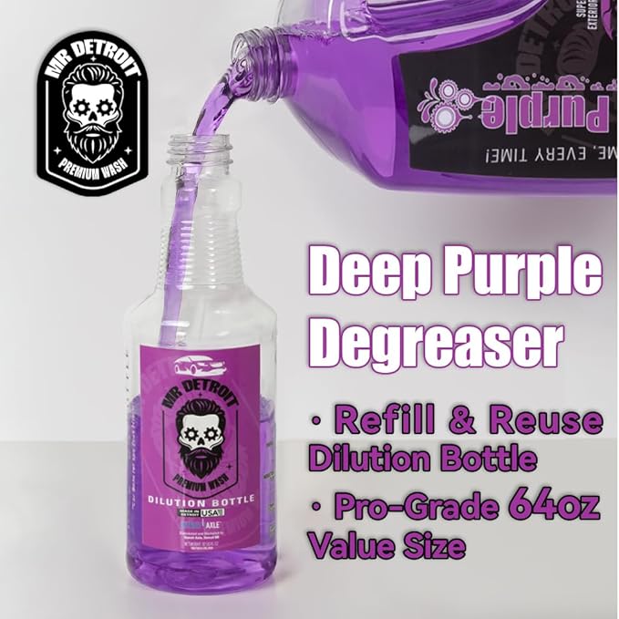 Mr. Detroit - 2pc Deep Purple Degreaser 64oz Container and Dilution Bottle, Heavy-duty All-purpose Cleaner for Engines, Tires & More, Professional Strength Formula, Breaks Down Grease, Oil & Grime