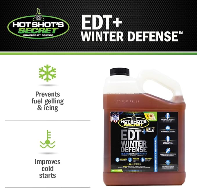 Hot Shot's Secret EDT+ Winter Defense, 7-in-1 Anti-Gel Diesel Fuel Additive – Prevents Gelling, Protects Diesel Fuel System, Diesel Additive Improves Cold Starts, Boosts Cetane, 1 Gallon