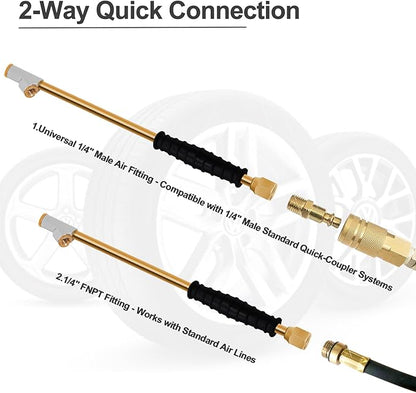 GODESON 1/4" FNPT Extended Reach Dual Head Air Chuck, 2-Way Connection 11.8" Extended Brass Air Chuck with Rubber Handle,Tire Chuck with Quick Plug for Semi, RV, Truck Dually Tires