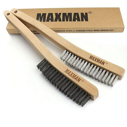 MAXMAN Wire Brush, Heavy Duty Carbon Steel and Stainless Steel Wire Brushes for Cleaning Rust, Grill, Paint Removal, Welding, Stiff Bristle Metal Brush with 14" Long Beech Wood Handle, Large, 2Pcs