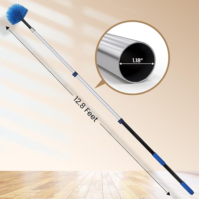 20ft High Ceiling Duster Kits with 5-12ft Heavy Duty Extension Pole - Fan Blade Cleaner, Cobweb Remover & Blue Window Squeegee Kit, Washable Dust Brush for High Roof and Glass Surfaces