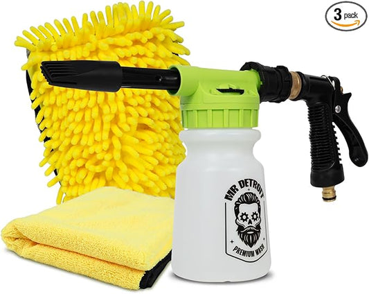 Mr. Detroit - 3pc Car Wash Kit with Foam Blaster, Chenille Wash Glove and Drying Towel, Scratch-Free Cleaning Foam Cannon Sprayer Microfiber Cleaning Cloth for Auto Detailing & Home Use