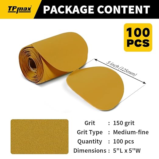 100PCS 5 Inch PSA Sanding Discs 150 Grit | Self-Adhesive Sandpaper Roll for DA Sanders, Orbital Sander | Gold Aluminum Oxide Sticky Back Abrasive Discs for Automotive, Woodworking, and Metal Polishing