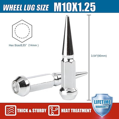 JiiinMiiin M10x1.25 Long Steel Spike Lug Nuts, Thread Pitch 10x1.25, Set of 16 ATV Wheel Nuts with A Socket. [Chrome]