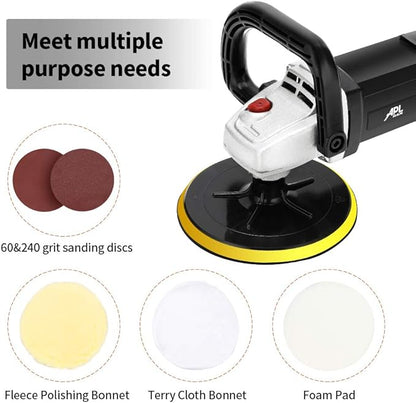 APLMAN Buffer Polisher, 7 Inch Buffer Polisher for Car with 5 Polishing Pads,6 Variable Speed Detachable Handle, Ideal for Marble Slab Wood Polishing Rust Removal Sanding and Waxing