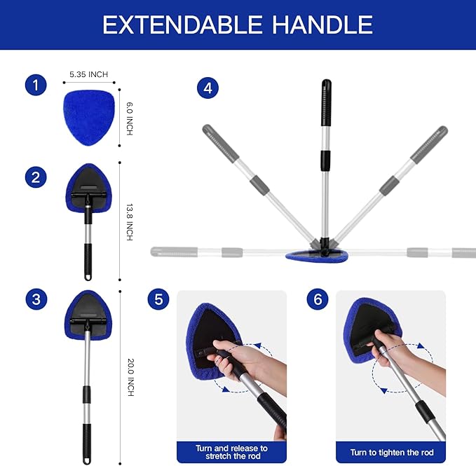 Qydipclin 10pcs Windshield Cleaning Tool Inside Car Window Cleaner Wash Kit with 4 Reusable Microfiber Pads 1 Spray Bottle and Extendable Handle Interior Auto Glass Wiper Kit, Blue