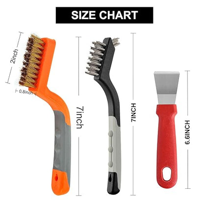 MAXMAN Wire Brush Set 6PCS, Nylon/Brass/Stainless Steel Bristles Brush, Small Cleaning Brush, Metal Scrub Brush, Wire Scratch Brush with Metal Scraper, Wire Brushes for Cleaning, Rust, Paint, 7 Inches