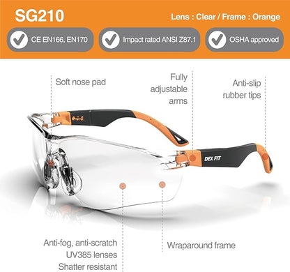 DEX FIT Safety Glasses SG210, Z87 Eye Protection, Anti-Fog & Scratch Resistant, Adjustable for Women and Men, UV Protection (Black & Orange Frame, Clear Lens)