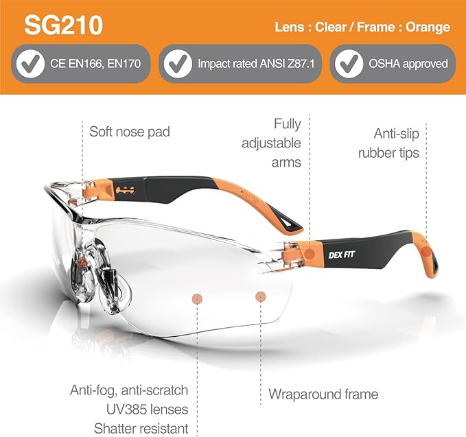 DEX FIT Safety Glasses SG210; 6 Pairs, Z87, Anti-Fog & Scratch Resistant, Adjustable for Women and Men, UV Protection (Black & Orange Frame, Clear Lens)