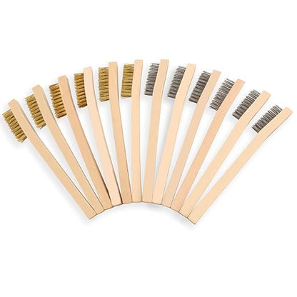 Wire Brush Set 12Pcs,Small Detailing Wire Scratch Brushes for Cleaning, Brass/Stainless Steel Bristles with 8" Curved Wood Handle for Metal Rust Remover,Paint, Dirt, Paint Scrubbing
