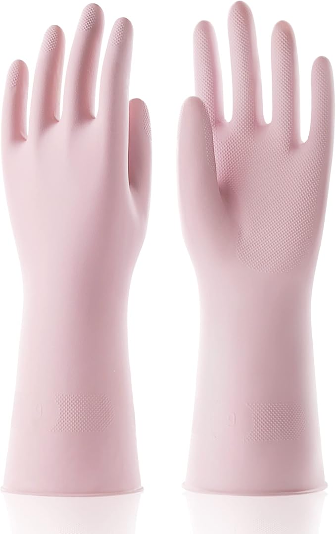 COOLJOB Small Household Rubber Gloves with Cotton Liner & Non-slip Grip, Waterproof Long Lasting Dishwashing Gloves for Kitchen & Bathroom Cleaning, Light Pink, 1 Pair