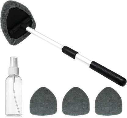Windshield Cleaning Tool,180° Rotatable with 4 Reusable Microfiber Cloths Extendable Handle Auto Inside Glass Wiper Kit