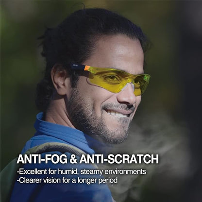 DEX FIT Safety Glasses SG210, Z87 Eye Protection, Anti-Fog & Scratch Resistant, Adjustable for Women and Men, Blue Light Blocking & UV Protection (Black & Orange Frame, Yellow Lens)