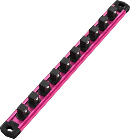 WORKPRO Magnetic Socket Organizer, 1/2-Inch Drive Aluminum Alloy Socket Rail, Heavy Duty Socket Holder, Socket Rack Kit 1/2-Inch x 10 Clips Rose Red(Socket not Included)