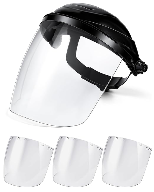 Tellegloww 4 Pcs Safety Face Shield for Grinding and Cutting, Clear Impact Resistant Visor, Full Face Shield Mask with Ratchet Headgear for Grinding, Isolation, Weed Whacking, Industrial Use (Black)