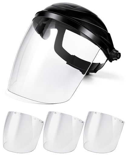 Tellegloww 4 Pcs Safety Face Shield for Grinding and Cutting, Clear Impact Resistant Visor, Full Face Shield Mask with Ratchet Headgear for Grinding, Isolation, Weed Whacking, Industrial Use (Black)