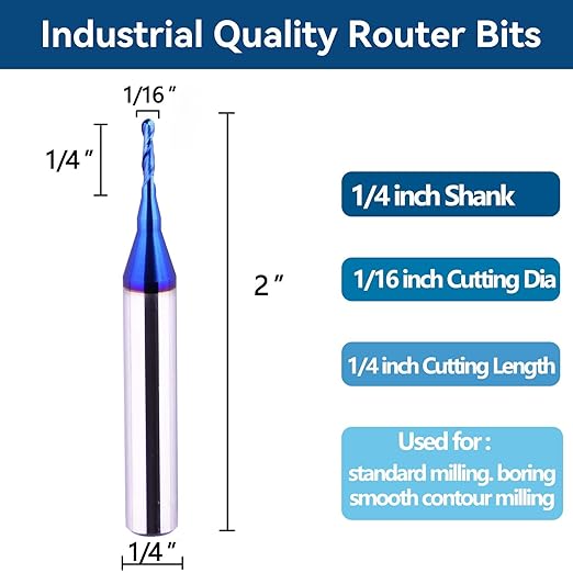 CNC Router bits Carbide Ball Nose End Mill with Nano Blue Coating for Side Milling. End Milling. Finish Machining. (1/16" Cut Dia X 2" OAL)