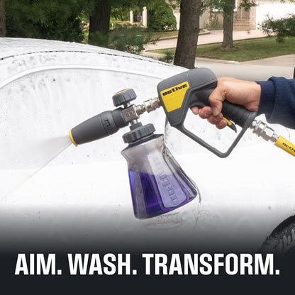 Active Foam Cannon with ¼ inch Quick Connector for Electric and Gas Pressure Washers. Wide-Mouth Bottle and Variable Spray to Generate Thick Snow Foam Spraying for Home DIY car wash & Detailing.