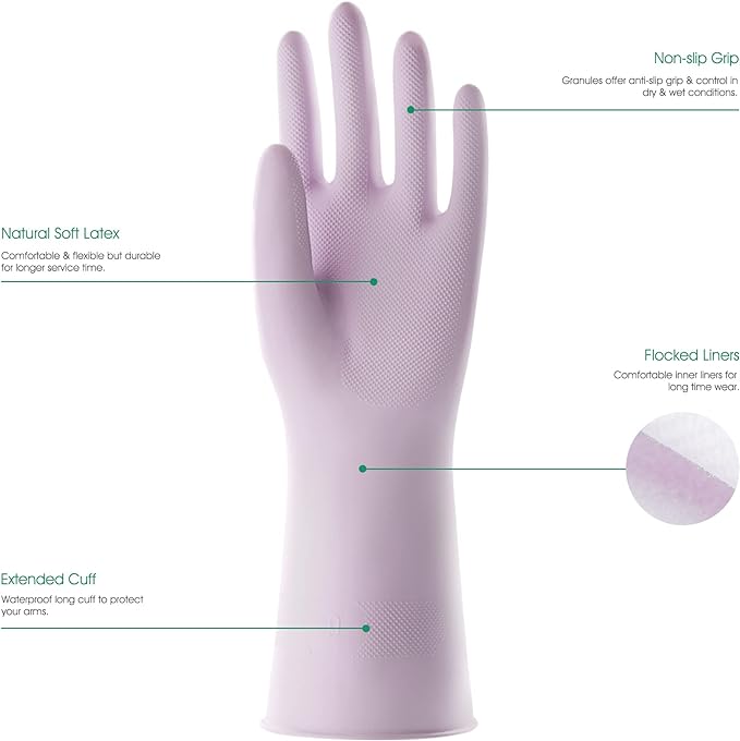 COOLJOB Medium Household Rubber Gloves with Cotton Liner & Non-slip Grip, Waterproof Long Lasting Dishwashing Gloves for Kitchen & Bathroom Cleaning, Purple, 1 Pair