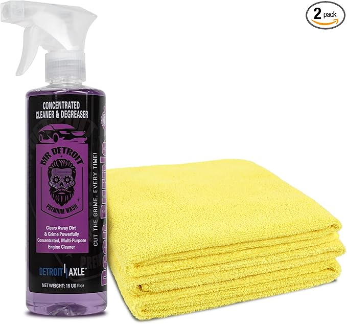 Mr. Detroit - 2pc 16oz Deep Purple Degreaser with Sprayer and Microfiber Towels (Pack of 3), Heavy-duty All-purpose Professional Strength Cleaner for Engines and Tires, Breaks Down Grease, Oil & Grime