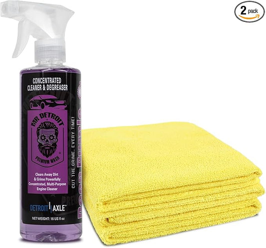 Mr. Detroit - 2pc 16oz Deep Purple Degreaser with Sprayer and Microfiber Towels (Pack of 3), Heavy-duty All-purpose Professional Strength Cleaner for Engines and Tires, Breaks Down Grease, Oil & Grime