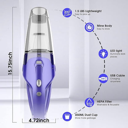 YOOHI Handheld Vacuum Cordless Rechargeable – 6000Pa Mini Hand Held Vacuum, LED Light, 20–25 Mins Runtime, USB Charging, 500ML Cup – Lightweight Small Vacuum Cleaner Cordless for Car/Office/Home