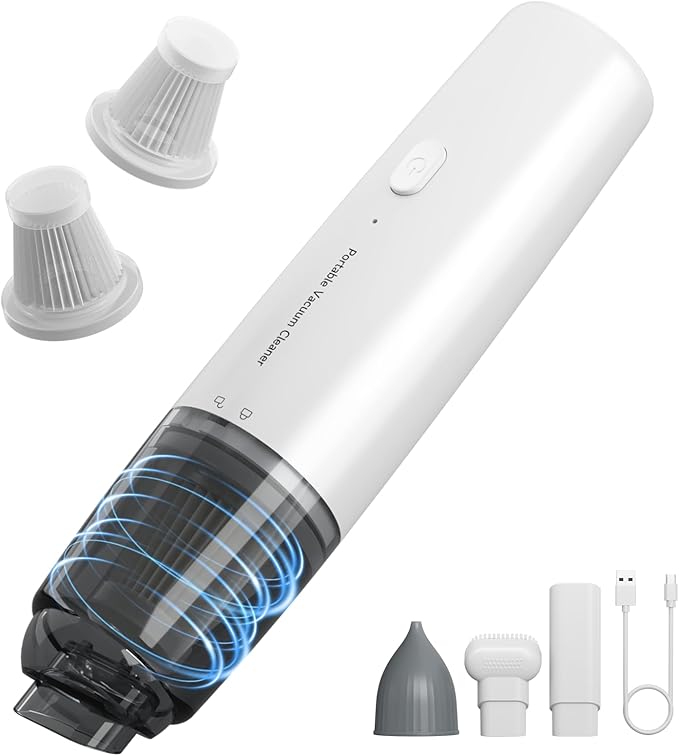 A9life Handheld Vacuum Cordless, Car Vacuum Cleaner Portable with HEPA Filter, 2 Suction Modes, Mini Hand Held Vacuum Rechargeable for Car, Home, Pet Hair, Office, Desk, Keyboards (White)