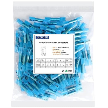 Heat Shrink Butt Connectors, 16-14 AWG 100Pcs Blue Waterproof Electrical Crimp Wire Splice for Marine, Cable, Wiring