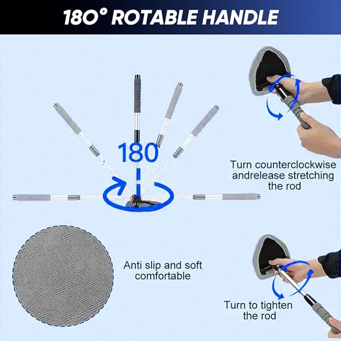 Telescopic Microfiber Glass Car Defroster Brush, 180° Rotating Head and Retractable Handle Multi-Surface Cleaner for Windows, Mirrors, Tiles (Blue)