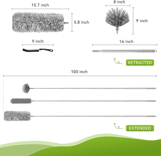 7-in-1 100-Inch Duster Kit with Extension Pole – Cobweb/Microfiber Dusters & Gap Cleaners for High Ceilings, Fans