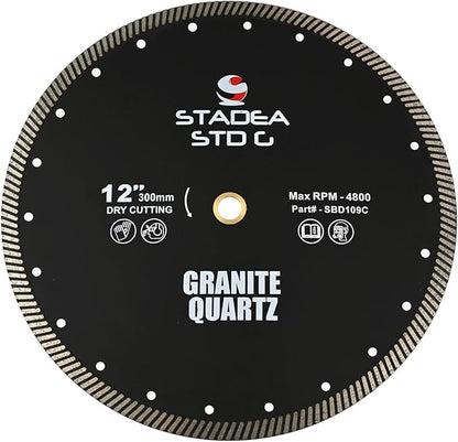 Stadea SBD109C Diamond Saw Blade 12-Inch Continuous Turbo Dry Cutting - Cuts Granite Quartz Quartzite, Fits Grinder, Saw Cutter, 10 MM Segments - Pack of 1