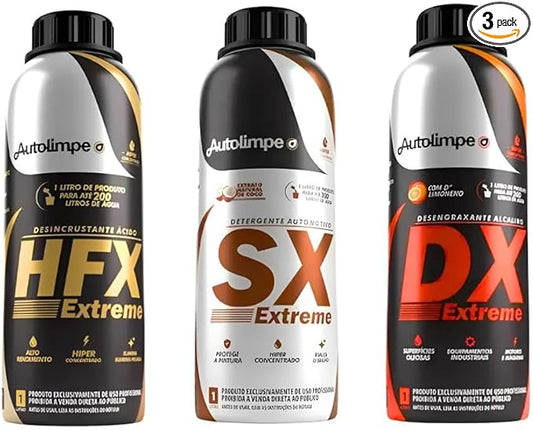 Autolimpe Extreme Cleaning Kit – 3x 1L (HFX Acid Cleaner, DX Alkaline Degreaser, SX Automotive Detergent)