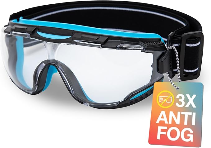 DEX FIT Protective Safety Goggles SG220N; 3x Anti Fog & Scratch, Z87 Eye Protection for Lab, Science, and Chemistry Work, Adjustable for Women and Men, (Black & Blue Frame, Clear Lens, 30cm Strap)
