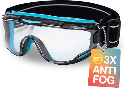 DEX FIT Protective Safety Goggles SG220N; 3x Anti Fog & Scratch, Z87 Eye Protection for Lab, Science, and Chemistry Work, Adjustable for Women and Men, (Black & Blue Frame, Clear Lens, 30cm Strap)