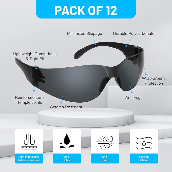 Erinnmy 12 Pack Safety Glasses,Tinted Protective Eyewear,Safety Eyewear Eye Protection Glasses,Anti Dust Impact Scratch Resistant Glasses for Men Women Work Lab Construction (Black)