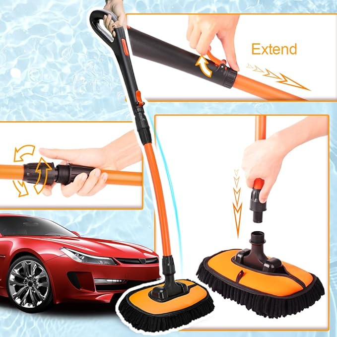 RIDE KINGS Car Wash Brush, Car Duster Exterior Scratch Free 180°Adjustable,Truck Cleaning Supplies with Ergonomic 15°Curved Extentable Pole Handle, Car Washing Equipment - Orange