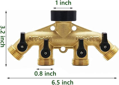 Biswing 4 Way Brass Hose Splitter, 3/4" Brass Hose Faucet Manifold, Garden Hose Adapter Connector, Hose Spigot Adapter with 4 Valves
